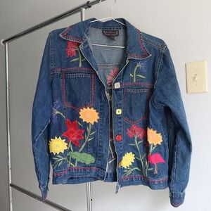 Embroidered vintage denim jacket with flamingo and flowers‎ Y2K Classic Colorful